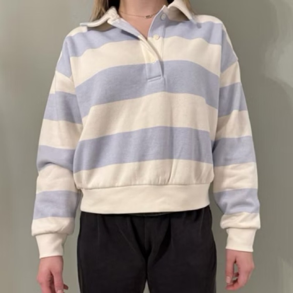 Universal Thread Cream and Blue long Sleeve Fleece Polo Shirt